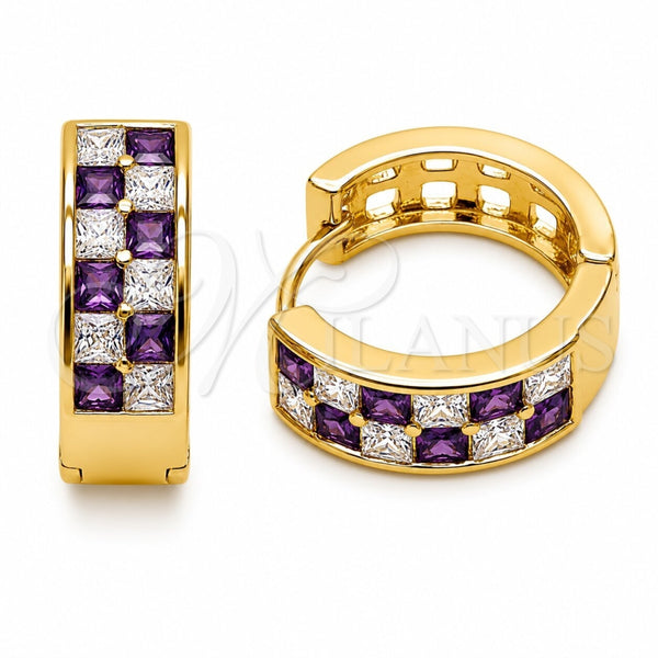 Argolla Huggie 02.267.0095.4.18 Oro Laminado, con Zirconia Cubica Amatista y Blanca, Pulido, Tono Dorado
