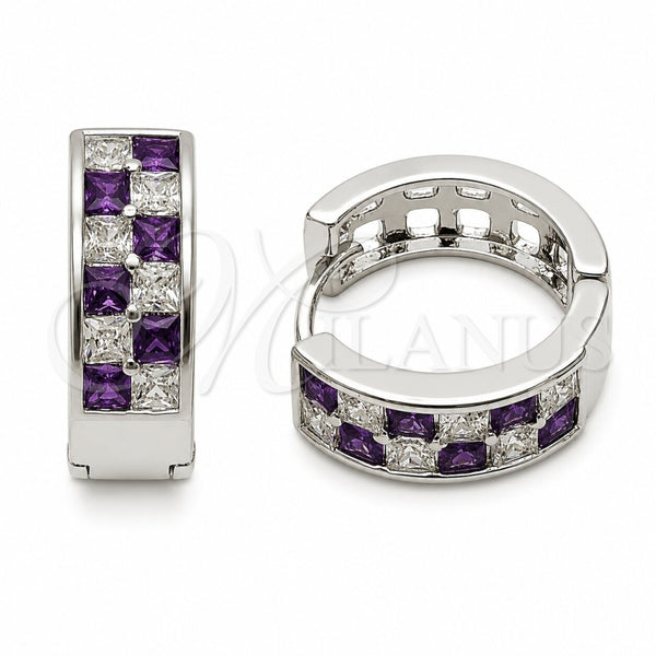Argolla Huggie 02.267.0095.10.18 Rodio Laminado, con Zirconia Cubica Amatista y Blanca, Pulido, Rodinado