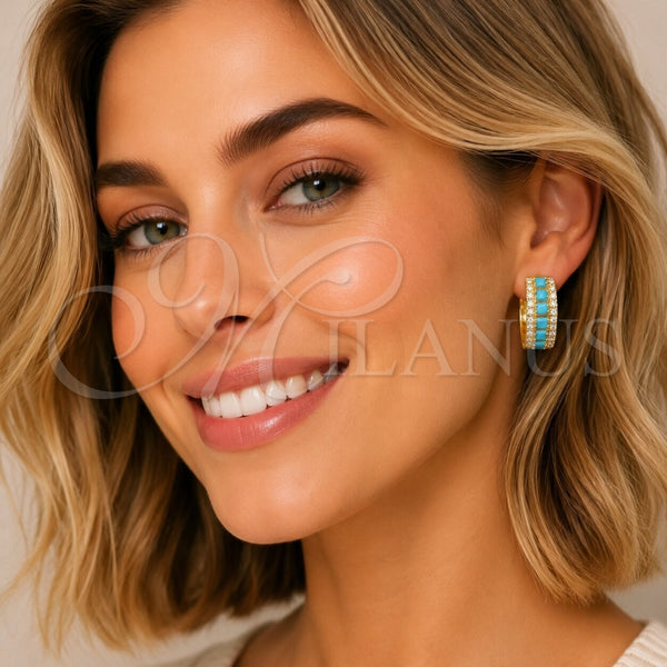 Argolla Huggie 02.267.0096.3.25 Oro Laminado, Diseño de Cluster, con Zirconia Cubica Turquoise y Blanca, Pulido, Tono Dorado