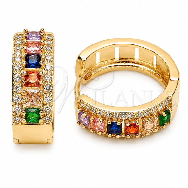 Argolla Huggie 02.267.0096.5.25 Oro Laminado, Diseño de Cluster, con Zirconia Cubica Multicolor y Blanca, Pulido, Tono Dorado