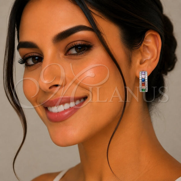 Argolla Huggie 02.267.0096.11.25 Rodio Laminado, Diseño de Cluster, con Zirconia Cubica Multicolor y Blanca, Pulido, Rodinado