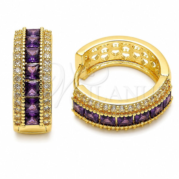 Argolla Huggie 02.267.0097.4.20 Oro Laminado, Diseño de Cluster, con Zirconia Cubica Amatista y Blanca, Pulido, Tono Dorado
