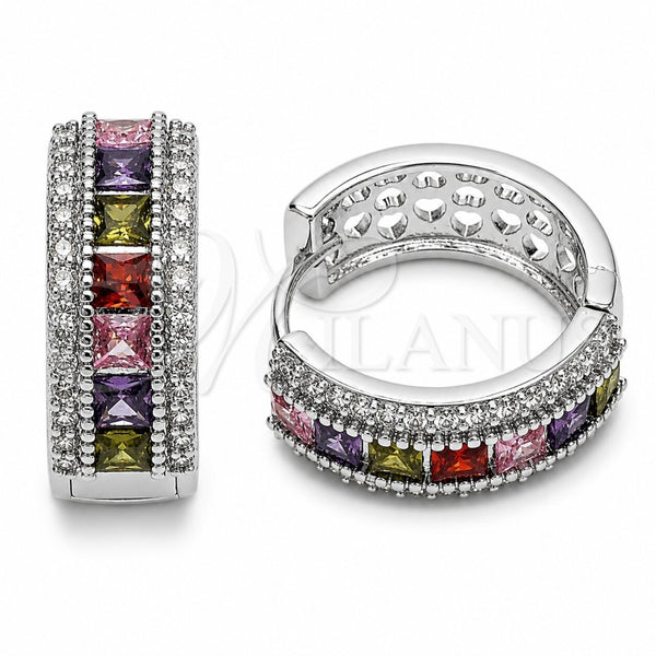 Argolla Huggie 02.267.0097.11.20 Rodio Laminado, Diseño de Cluster, con Zirconia Cubica Multicolor y Blanca, Pulido, Rodinado