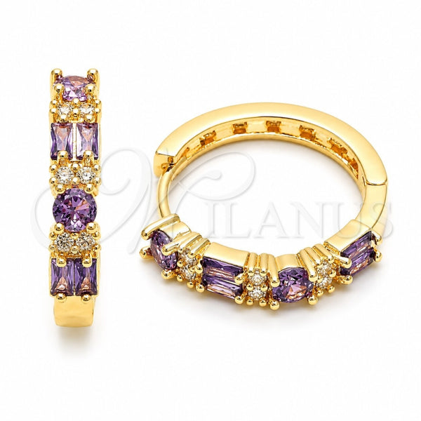 Argolla Huggie 02.267.0098.3.22 Oro Laminado, Diseño de Baguette, con Zirconia Cubica Amatista y Blanca, Pulido, Tono Dorado
