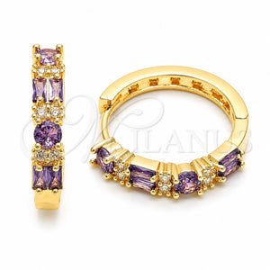 Argolla Huggie 02.267.0098.3.22 Oro Laminado, Diseño de Baguette, con Zirconia Cubica Amatista y Blanca, Pulido, Tono Dorado