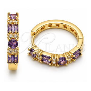 Argolla Huggie 02.267.0098.3.22 Oro Laminado, Diseño de Baguette, con Zirconia Cubica Amatista y Blanca, Pulido, Tono Dorado