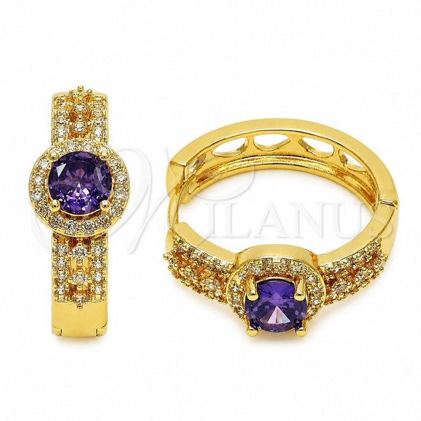 Argolla Huggie 02.267.0099.3.25 Oro Laminado, Diseño de Cluster, con Zirconia Cubica Amatista y Micro Pave Blanca, Pulido, Tono Dorado