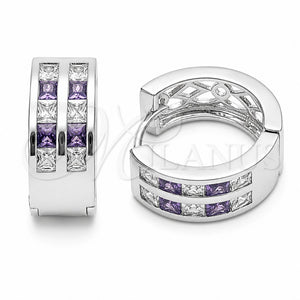 Argolla Huggie 02.267.0100.8.16 Rodio Laminado, con Zirconia Cubica Amatista y Blanca, Pulido, Rodinado