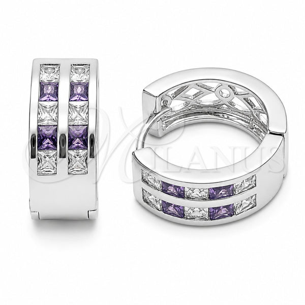 Argolla Huggie 02.267.0100.8.16 Rodio Laminado, con Zirconia Cubica Amatista y Blanca, Pulido, Rodinado