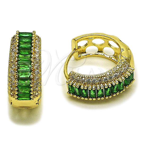 Argolla Huggie 02.267.0101.2.22 Oro Laminado, Diseño de Baguette y Cluster, con Zirconia Cubica Verde y Blanca, Pulido, Tono Dorado