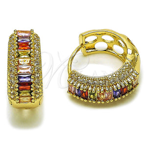 Argolla Huggie 02.267.0101.4.22 Oro Laminado, Diseño de Baguette y Cluster, con Zirconia Cubica Multicolor y Blanca, Pulido, Tono Dorado