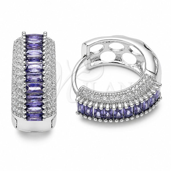 Argolla Huggie 02.267.0101.8.22 Rodio Laminado, Diseño de Baguette y Cluster, con Zirconia Cubica Amatista y Blanca, Pulido, Rodinado