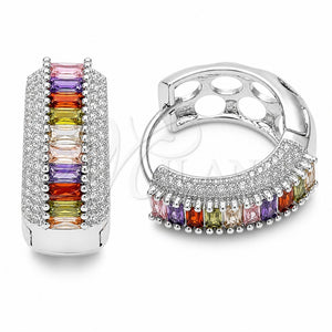 Argolla Huggie 02.267.0101.9.22 Rodio Laminado, Diseño de Baguette y Cluster, con Zirconia Cubica Multicolor y Blanca, Pulido, Rodinado