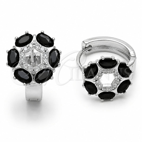 Argolla Huggie 02.210.0861.5.18 Rodio Laminado, Diseño de Flor, con Zirconia Cubica Negro y Micro Pave Blanca, Pulido, Rodinado