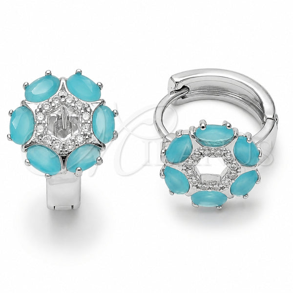 Argolla Huggie 02.210.0861.6.18 Rodio Laminado, Diseño de Flor, con Zirconia Cubica Turquoise y Micro Pave Blanca, Pulido, Rodinado