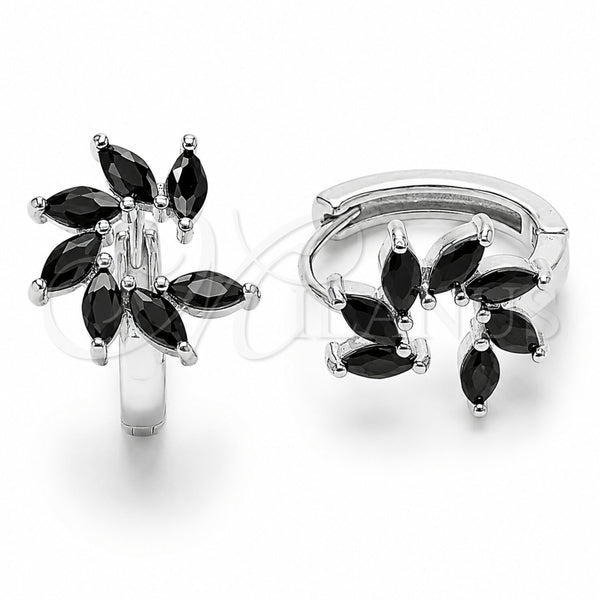 Argolla Huggie 02.210.0904.3.16 Rodio Laminado, Diseño de Flor, con Zirconia Cubica Negro, Pulido, Rodinado