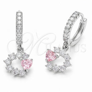 Arete Colgante 02.210.0907 Rodio Laminado, Diseño de Corazón, con Zirconia Cubica Rosado y Blanca, Pulido, Rodinado
