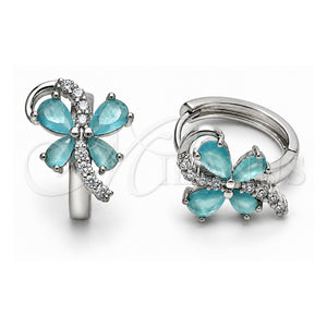 Argolla Huggie 02.210.0874.1.18 Oro Laminado Blanco, Diseño de Mariposa, con Zirconia Cubica Turquoise y Blanca, Pulido, Rodinado