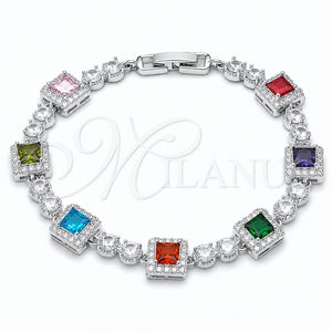 Pulsera Tennis 03.266.0039.07 Rodio Laminado, Diseño de Cluster, con Zirconia Cubica Multicolor y Blanca, Pulido, Rodinado (Grosor 08.8 MM, 7 Pulgadas de Largo)