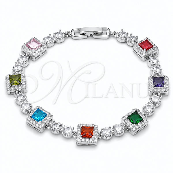 Pulsera Tennis 03.266.0039.07 Rodio Laminado, Diseño de Cluster, con Zirconia Cubica Multicolor y Blanca, Pulido, Rodinado (Grosor 08.8 MM, 7 Pulgadas de Largo)