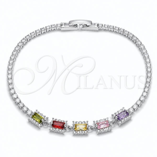 Pulsera Elegante 03.130.0029.1.07 Rodio Laminado, Diseño de Cluster y Baguette, con Zirconia Cubica Multicolor y Blanca, Pulido, Rodinado (Grosor 02 MM, 7 Pulgadas de Largo)