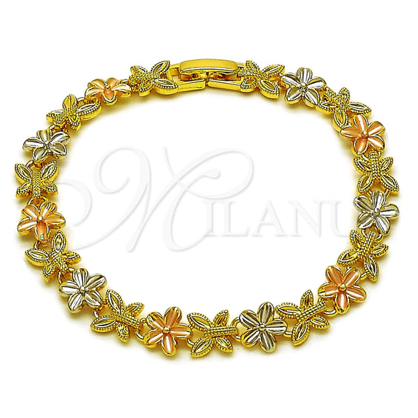 Pulsera Solida 03.170.0002.07 Oro Laminado, Diseño de Flor y Mariposa, Pulido, Tres Tonos (Grosor 07.8 MM, 7 Pulgadas de Largo)