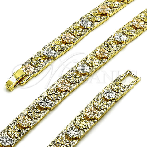 Pulsera Solida 03.100.0022.1.07 Oro Laminado, Diseño de Flor, Pulido, Tres Tonos (Grosor 08 MM, 7 Pulgadas de Largo)