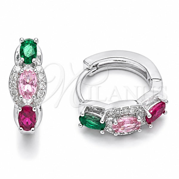 Argolla Huggie 02.237.0086.15 Rodio Laminado, Diseño de Cluster, con Zirconia Cubica Multicolor y Micro Pave Blanca, Pulido, Rodinado