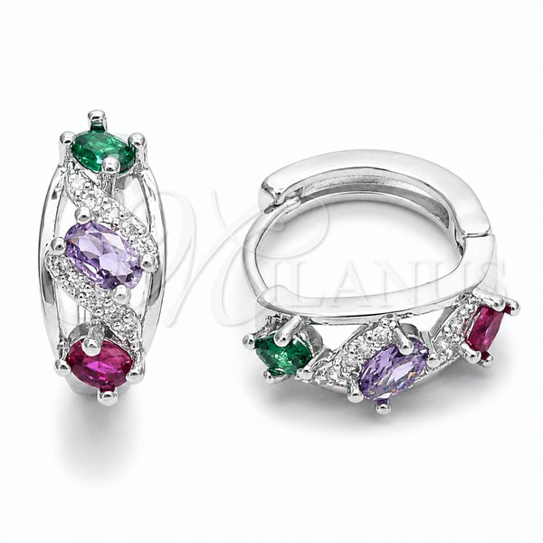 Argolla Huggie 02.237.0088.15 Rodio Laminado, Diseño de Cluster, con Zirconia Cubica Multicolor y Micro Pave Blanca, Pulido, Rodinado