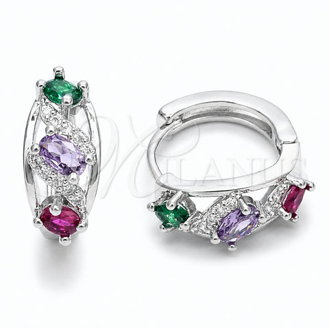 Argolla Huggie 02.237.0088.15 Rodio Laminado, Diseño de Cluster, con Zirconia Cubica Multicolor y Micro Pave Blanca, Pulido, Rodinado