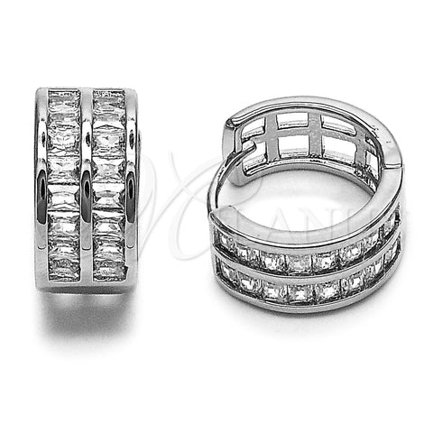 Argolla Huggie 02.237.0096.18 Rodio Laminado, Diseño de Baguette, con Zirconia Cubica Blanca, Pulido, Rodinado