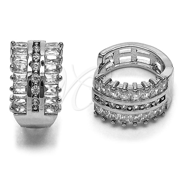 Argolla Huggie 02.237.0100.16 Rodio Laminado, Diseño de Baguette, con Zirconia Cubica Blanca, Pulido, Rodinado