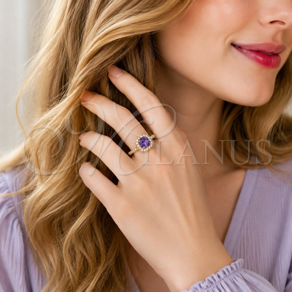 Anillo de Boda 01.283.0054.4 Oro Laminado, Diseño de Cluster, con Zirconia Cubica Amatista y Blanca, Pulido, Tono Dorado (Talla Unica)