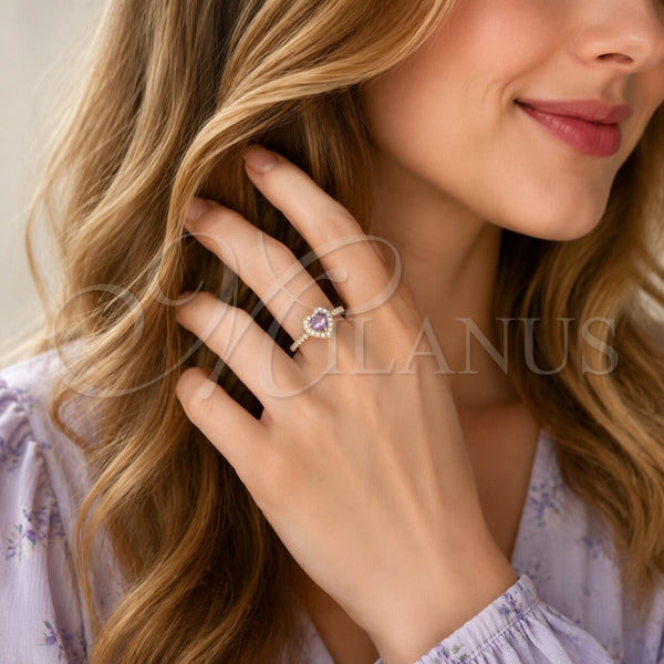 Anillo de Boda 01.283.0055.4 Oro Laminado, Diseño de Corazón y Cluster, con Zirconia Cubica Blanca y Goldstone Venturina Amatista, Pulido, Tono Dorado (Talla Unica)