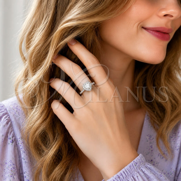Anillo de Boda 01.283.0055.5 Rodio Laminado, Diseño de Corazón y Cluster, con Zirconia Cubica Blanca, Pulido, Rodinado (Talla Unica)