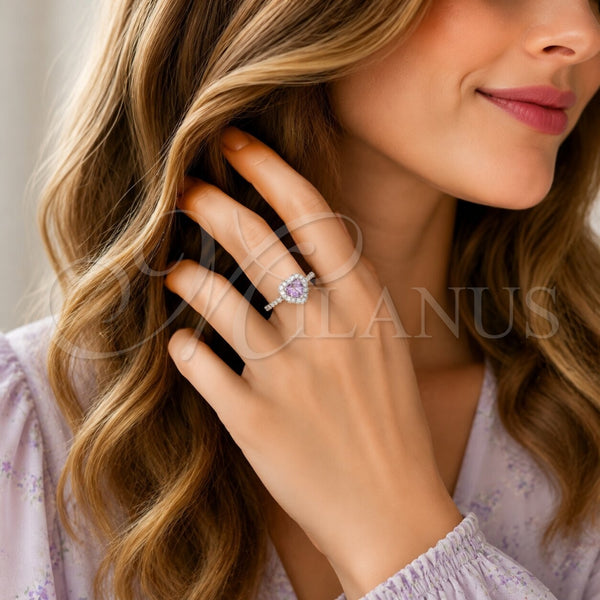 Anillo de Boda 01.283.0055.8 Rodio Laminado, Diseño de Corazón y Cluster, con Zirconia Cubica Amatista y Blanca, Pulido, Rodinado (Talla Unica)