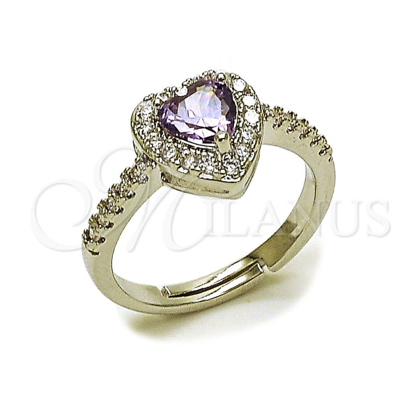 Anillo de Boda 01.283.0055.8 Rodio Laminado, Diseño de Corazón y Cluster, con Zirconia Cubica Amatista y Blanca, Pulido, Rodinado (Talla Unica)