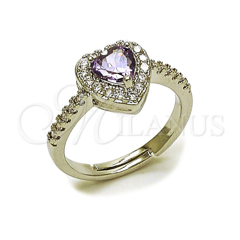 Anillo de Boda 01.283.0055.8 Rodio Laminado, Diseño de Corazón y Cluster, con Zirconia Cubica Amatista y Blanca, Pulido, Rodinado (Talla Unica)