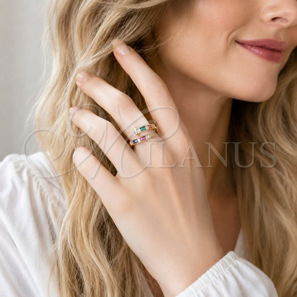 Anillo Multi Piedra 01.283.0075 Oro Laminado, Diseño de Clavo y Baguette, con Zirconia Cubica Multicolor, Pulido, Tono Dorado (Talla Unica)