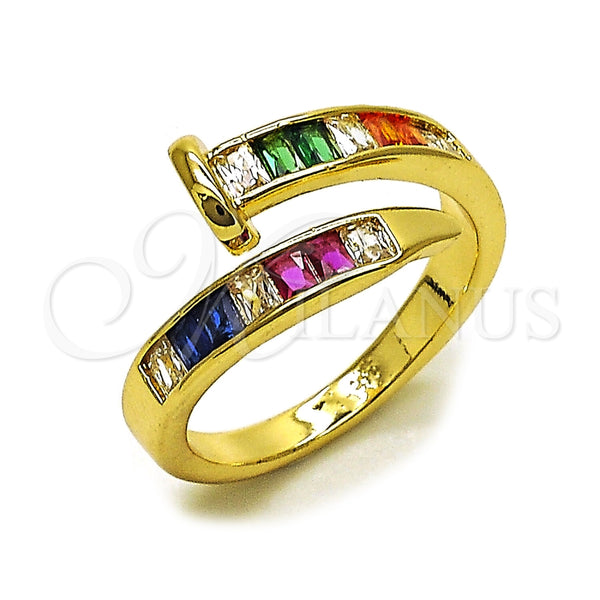 Anillo Multi Piedra 01.283.0075 Oro Laminado, Diseño de Clavo y Baguette, con Zirconia Cubica Multicolor, Pulido, Tono Dorado (Talla Unica)