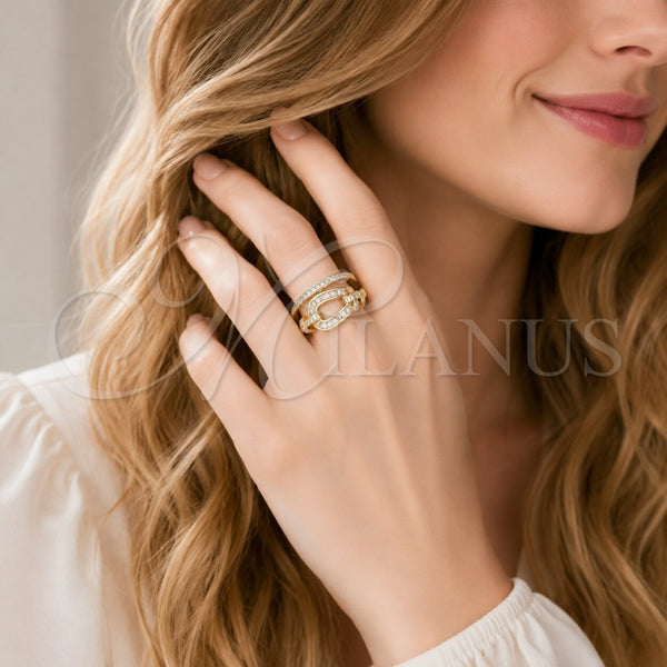 Anillo Multi Piedra 01.283.0078 Oro Laminado, Diseño de Hebilla del Cinturón y Baguette, con Zirconia Cubica Blanca y Micro Pave Blanca, Pulido, Tono Dorado (Talla Unica)