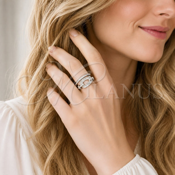 Anillo Multi Piedra 01.283.0078.1 Rodio Laminado, Diseño de Hebilla del Cinturón y Baguette, con Zirconia Cubica Blanca y Micro Pave Blanca, Pulido, Rodinado (Talla Unica)