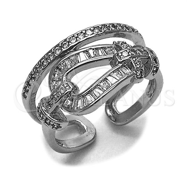 Anillo Multi Piedra 01.283.0078.1 Rodio Laminado, Diseño de Hebilla del Cinturón y Baguette, con Zirconia Cubica Blanca y Micro Pave Blanca, Pulido, Rodinado (Talla Unica)