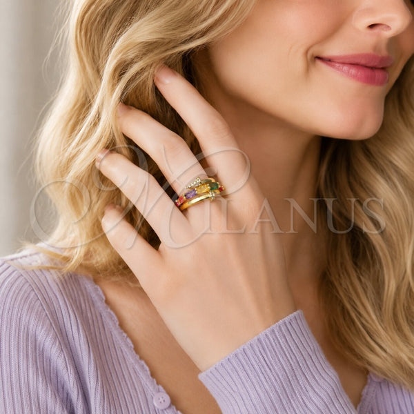 Anillo Multi Piedra 01.424.0022 Oro Laminado, Diseño de Clavo y Baguette, con Zirconia Cubica Multicolor y Micro Pave Blanca, Pulido, Tono Dorado (Talla Unica)