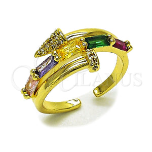 Anillo Multi Piedra 01.424.0022 Oro Laminado, Diseño de Clavo y Baguette, con Zirconia Cubica Multicolor y Micro Pave Blanca, Pulido, Tono Dorado (Talla Unica)