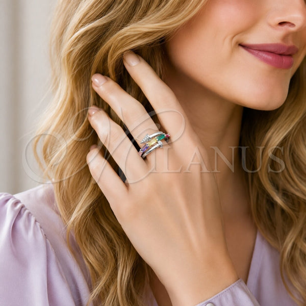 Anillo Multi Piedra 01.424.0022.1 Rodio Laminado, Diseño de Clavo y Baguette, con Zirconia Cubica Multicolor y Micro Pave Blanca, Pulido, Rodinado (Talla Unica)