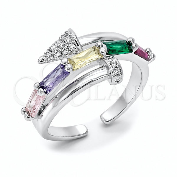 Anillo Multi Piedra 01.424.0022.1 Rodio Laminado, Diseño de Clavo y Baguette, con Zirconia Cubica Multicolor y Micro Pave Blanca, Pulido, Rodinado (Talla Unica)