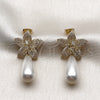 Arete Largo 02.436.0059 Oro Laminado, Diseño de Flor y Gota, con Zirconia Cubica Blanca y Micro Pave Blanca, Pulido, Tono Dorado
