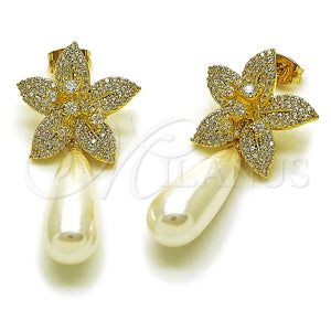 Arete Largo 02.436.0059 Oro Laminado, Diseño de Flor y Gota, con Zirconia Cubica Blanca y Micro Pave Blanca, Pulido, Tono Dorado