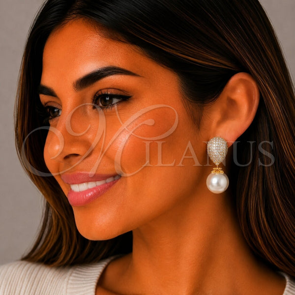 Arete Largo 02.436.0060 Oro Laminado, Diseño de Bola y Gota, con Zirconia Cubica Blanca y Perla Marfil, Pulido, Tono Dorado